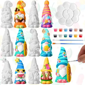 6 Pcs Summer Ceramics to Paint Ready to Paint Your Own Gnome Statues 5.12 Beach Theme Paintable Figurines DIY Unpainted Ceramics Plaster Crafts Kit with Brush Palette Paint