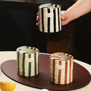 Vintage Striped Hand-Painted Mug Creative Ceramic Double Cup for Office Coffee Afternoon Tea & Breakfast Water Cup