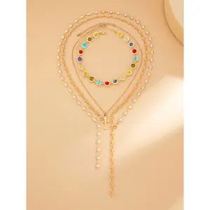 Boho Style Alloy Chain Necklace Set, Statement, Colorful Crystal Pendant Jewelry for Women, Perfect Gift for All Occasions, Boho Chic Crystal