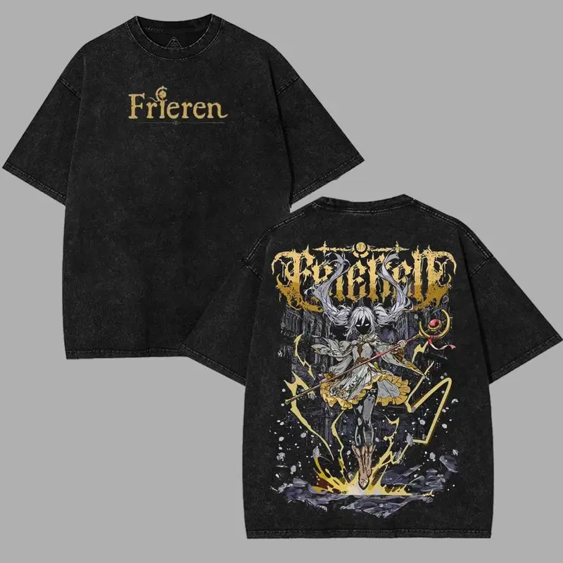 valentine shirts Frieren Beyond Journey's End line art v7 Manga Anime Double Printed Acid Washed Top men's graphic tees streetwear fantasy unisex merch gift