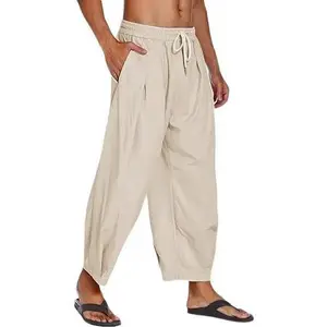 COOFANDY Men's Cotton Linen Harem Pants Drawstring Casual Soft Pants Machine Washable Loose Fit Cropped Trousers with Side Pockets & Back Pocket for Everyday Wear