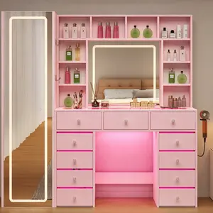 Full Length Oversized Mirror LED Makeup Vanity Desk, RGB Lighted Dresser Table with Ample Drawer Storage for Bedroom