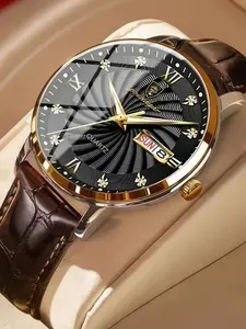 Men's Leather Strap Watch, Dial with Roman Numerals, Luminous Hands, Date Function, Stainless Steel Case, Quartz Movement, Business Fashion Watch, Luminous Waterproof Watch, Luminous Date Wristwatch, Luminous Analog Watch