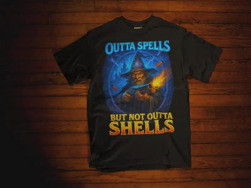 Outta Spells But Not Outta Shells Ironic Wizard Shirt Funny Fantasy Meme Tee for Gamers and Magic Fans, unisex dnd shirt