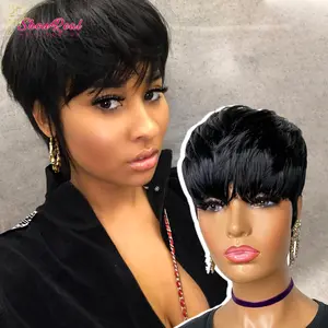 ShowReal 036 Short Pixie Cut Wigs Short Straight Brazilian Human Hair Wigs With Bangs Ready To Go Natural Black Burgundy Color Full Machine Made Wig