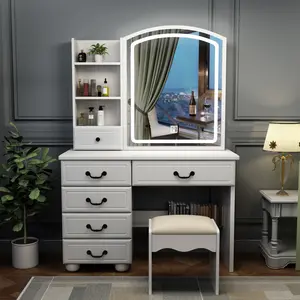 White LED Makeup Vanity Desk Furniture with Chair, 3 Light Modes, Adjustable Brightness, Retro Look, 6 Drawers, Built-In Lighted Mirror, Easy Assembly, Vanity With Chair
