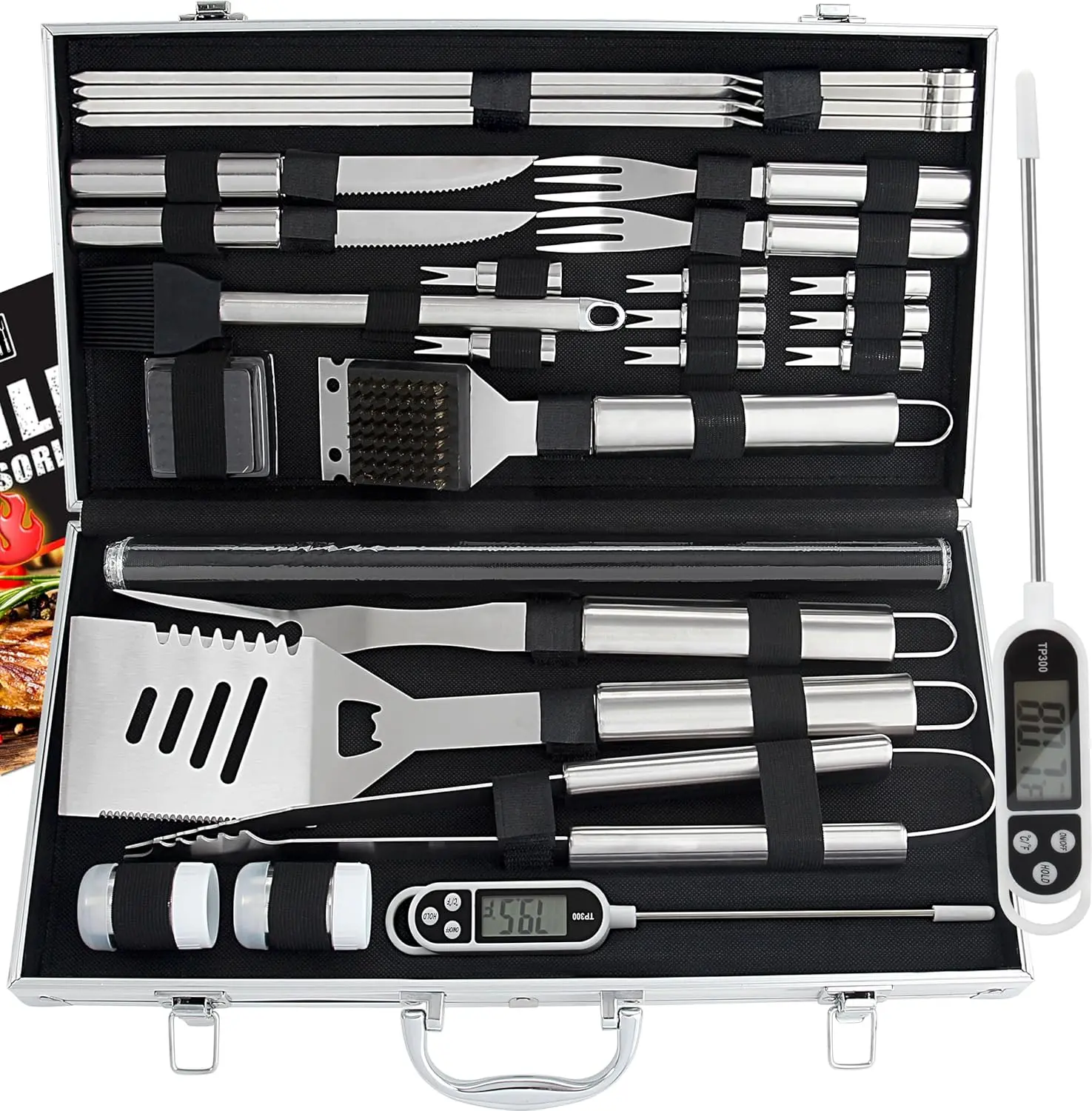 ROMANTICIST 28pcs BBQ Accessories Set with Thermometer - Stainless Steel Grilling Tools for Birthday & Weddin kitchen gadgets kitchen items grills Utensils Kitchenware father's day gift