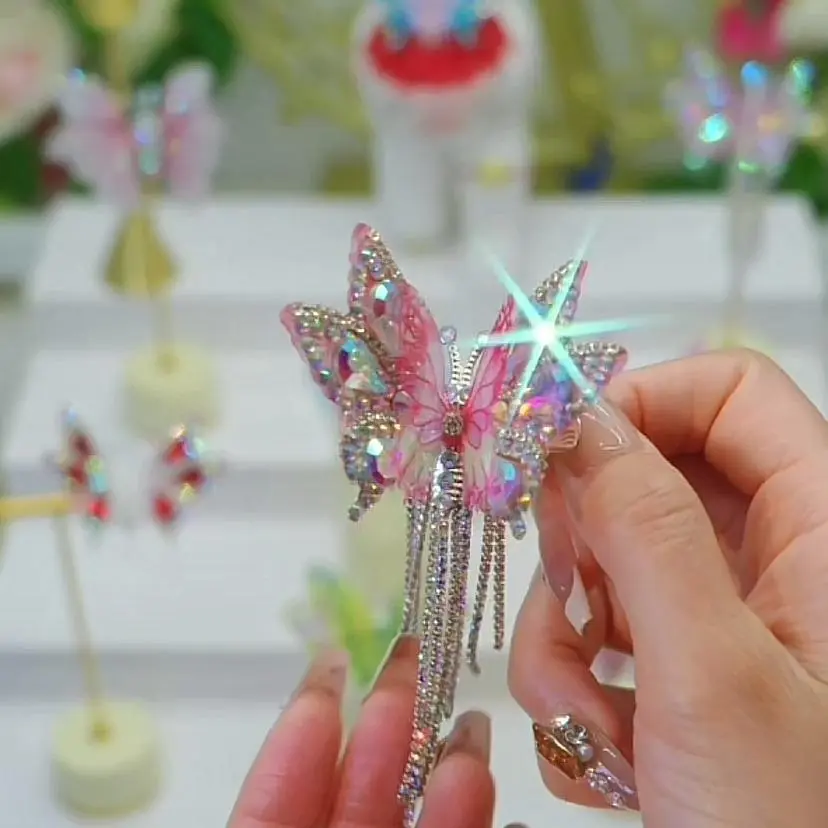 Handmade Original Design Dynamic Butterfly Hair Clip with Crystal Accents and Tassel Detail