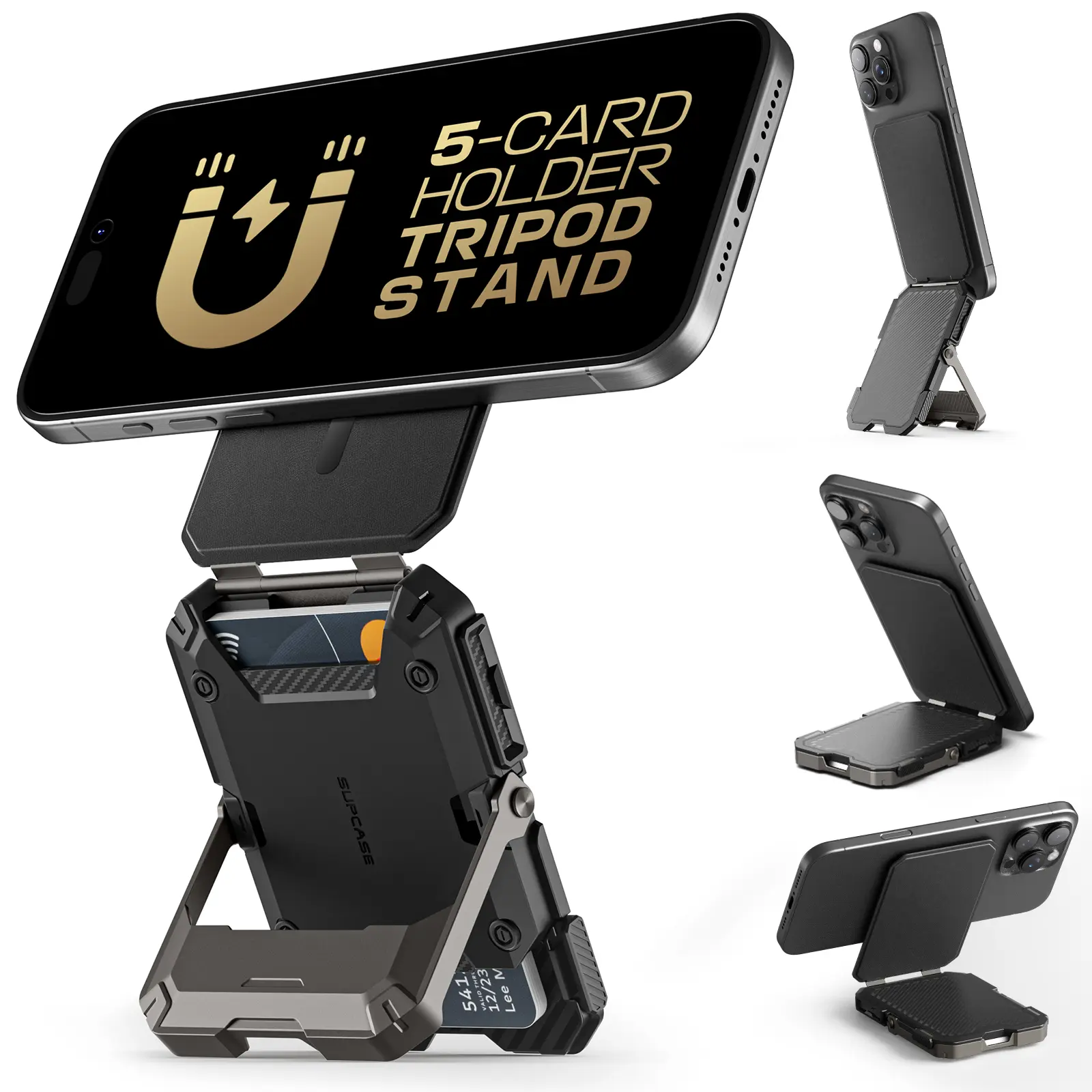 SUPCASE Magnetic Wallet with Stand Compatible with MagSafe, [Hold 5 Cards] [Adjustable Stand] [RFID Blocking] Tripod Phone Stand Magnetic Credit Card Holder for iPhone 16/15/14/13/12 Series, Black