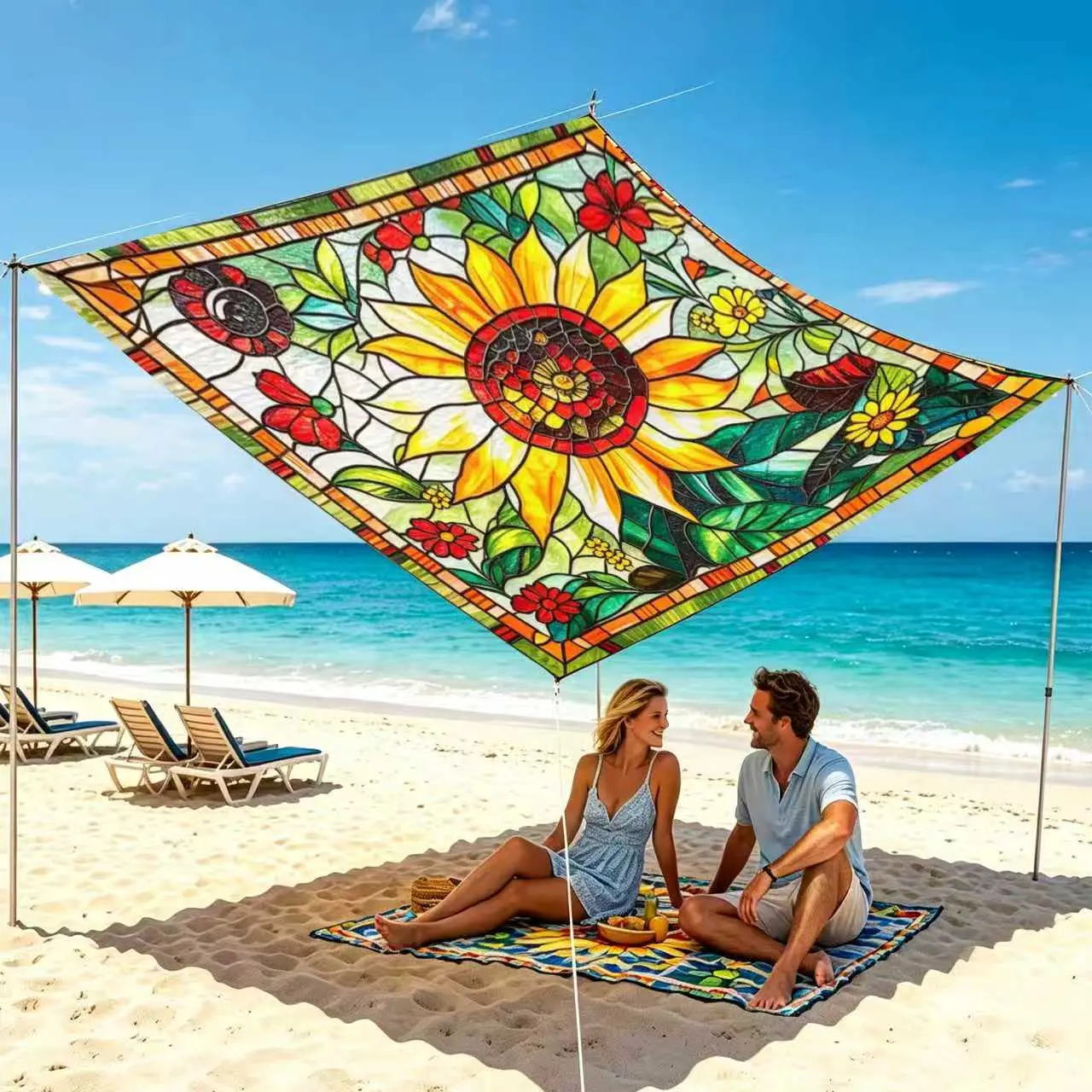 Bohemian Style Colorful Floral Sunshade Canopy featuring a vibrant floral design and easy setup and storage ideal for use at the beach campsites gardens and picnics