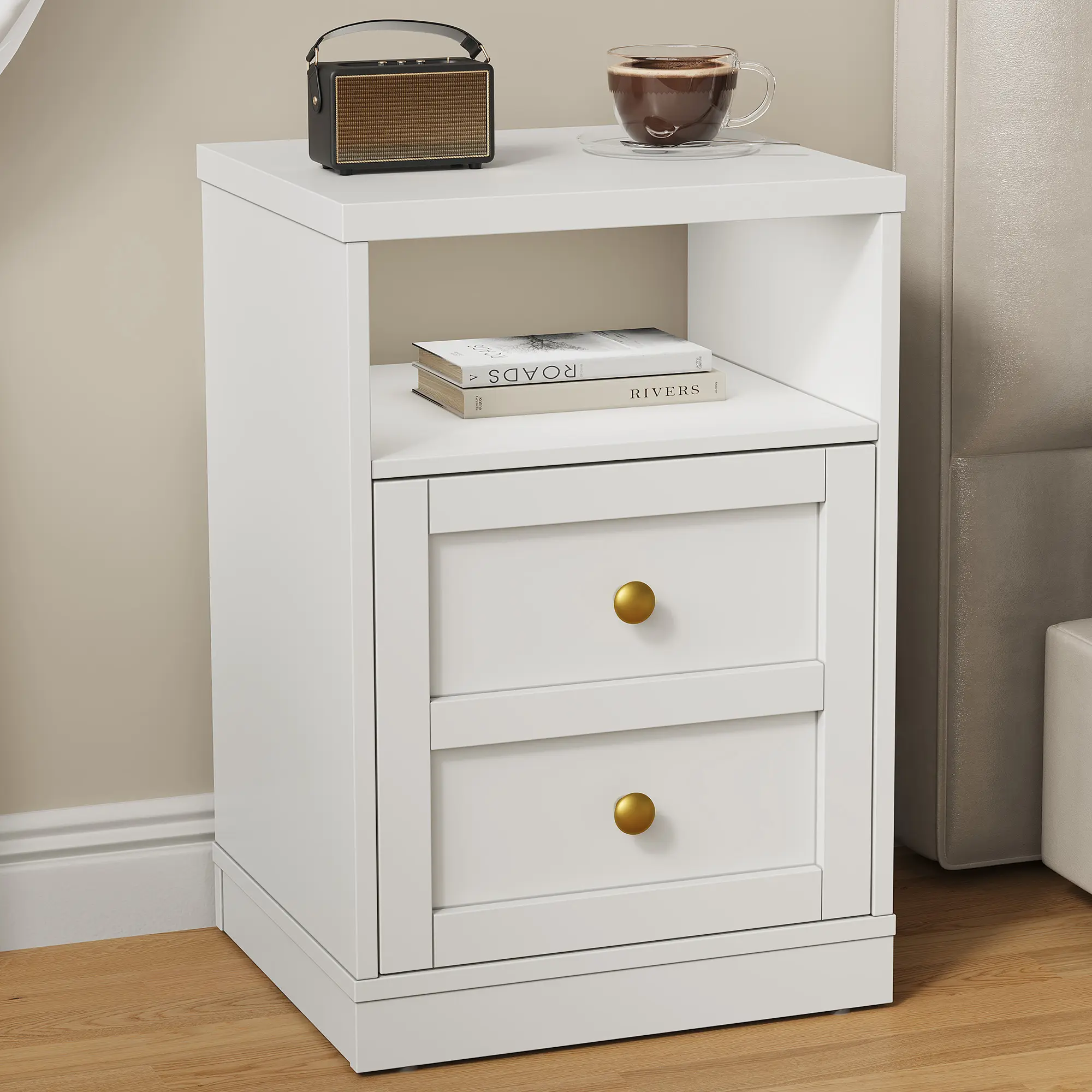 【Summervibes】RoyalCraft Nightstand with Storage Shelf and Door, Faux Two-drawer Design Side Table , Modern Night Stand for Bedroom Dorm, Wood End Table for Living Room Small Spaces