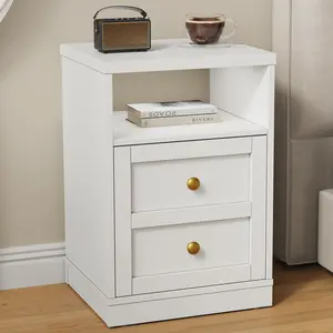 【Summervibes】RoyalCraft Nightstand with Storage Shelf and Door, Faux Two-drawer Design Side Table , Modern Night Stand for Bedroom Dorm, Wood End Table for Living Room Small Spaces