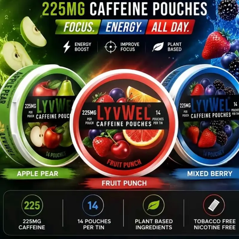 Caffeinated Energy Pouches - 3 Flavors (Apple Pear, Mixed Berry, Fruit Punch) - 225mg Caffeine Per Pouch - 0 Sugar, Extreme Energy & Focus mixed energy