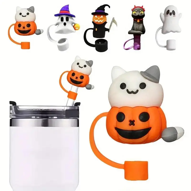 Halloween Themed Silicone Straw Cap, 5 Counts/set Cute Ghost & Pumpkin & Cat Design Straw Cover, Straw Topper for 10mm Straws, Straw Toppers for Tumblers, Straw Covers Cap for Tumblers, Halloween Party Accessories