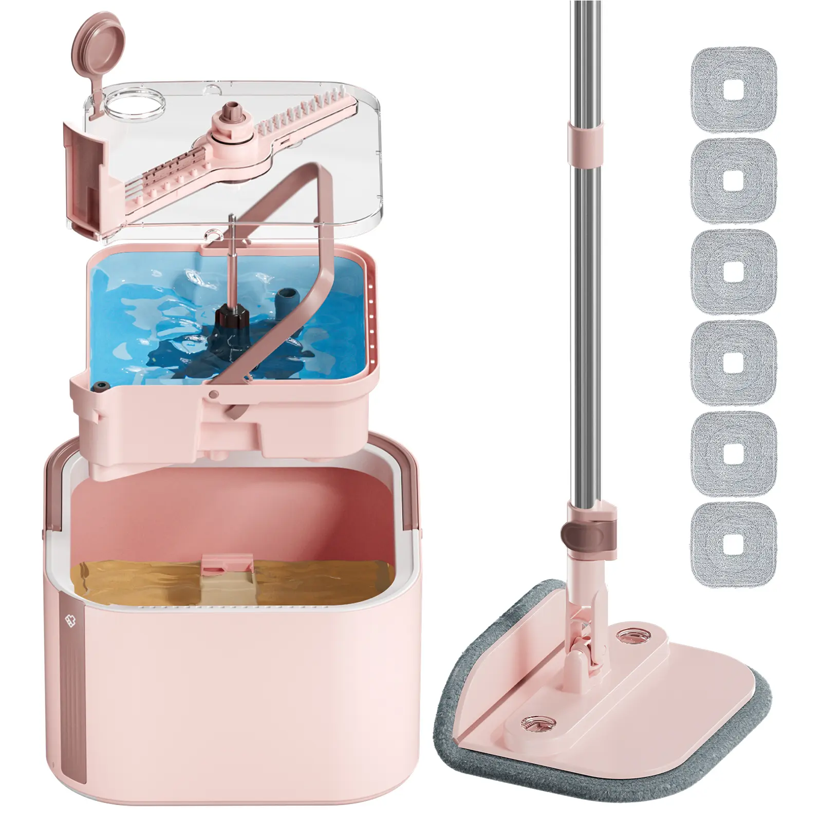 KZKR Pink Mop Spin Mop and Bucket Set, Clean & Dirty Water Separation,Self Wringing Mop for Easy Floor Cleaning, Pet Hair Baseboard Cleaning, Detachable Inner Bucket, Self-Standing, Adjustable Handle Rotatable 360° Mop Head, with Brush floor cleaning