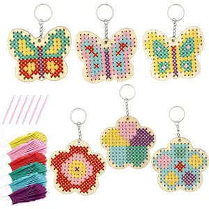 Wooden Cross Stitch Kits for Kids, Make Your Own 6 Cross Stitching Keyrings, Wood Sewing Kit, Arts & Crafts Butterfly, Flower Ornaments, Embroidery Kit for Beginners, Girls, 6-13