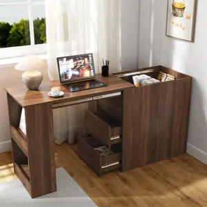 Home Office Desks with Extendable Table, Storage Cabinet, 2 Drawers & Shelves, Modern Gaming Computer Corner Workstation for Work, Study, Writing, Walnut