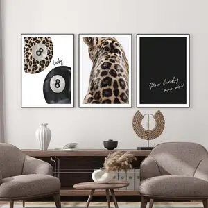 3pcs Leopard Cheetah Wall Art Picture 8 Ball Lucky Canvas Prints Paintings Black And White Poster Preppy Luxury Decor For Bedroom, Living Room, Or Dorm Wall Decor Unframed