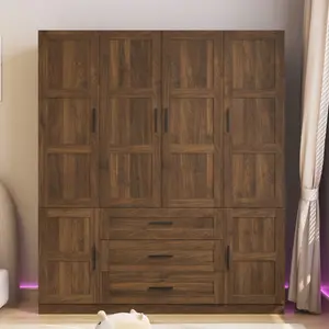 Tall Bedroom Armoire,  6 Door Armoire Wardrobe Closet with Big 3 Drawers, Wooden Freestanding Bathroom Armoire Cabinet with Shelves and Hanging Rod, Clothes Storage Organizer for Bedroom, Guest Room