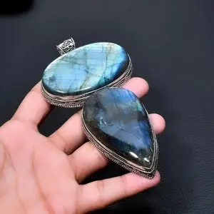 Natural Fire Labradorite, Giant Size Gemstone Handmade 925 Sterling Silver Jewelry Pendant, Gifts Pendant, Double Labradorite Stone Pendant
