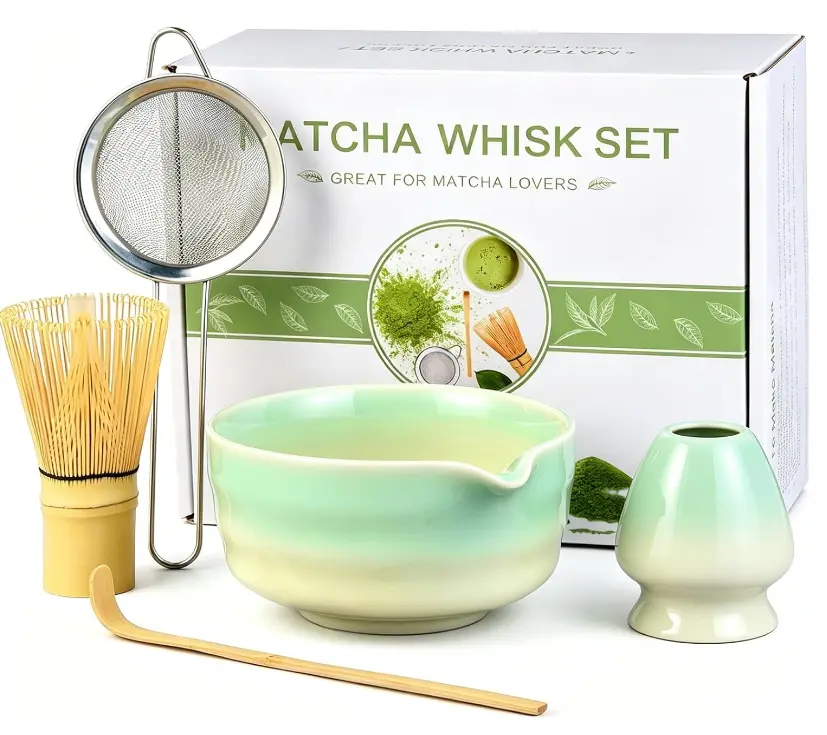 Matcha Whisk Set, 5pcs Japanese Ceremony Matcha Tea Kit Includes Ceramic Matcha Bowl with Spout, Bamboo Whisk & Holder, Traditional Scoop, Stainless Sifter, Gift for Matcha Lovers Beginner