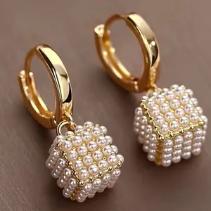 Golden pearl cubic pendant women’s earrings