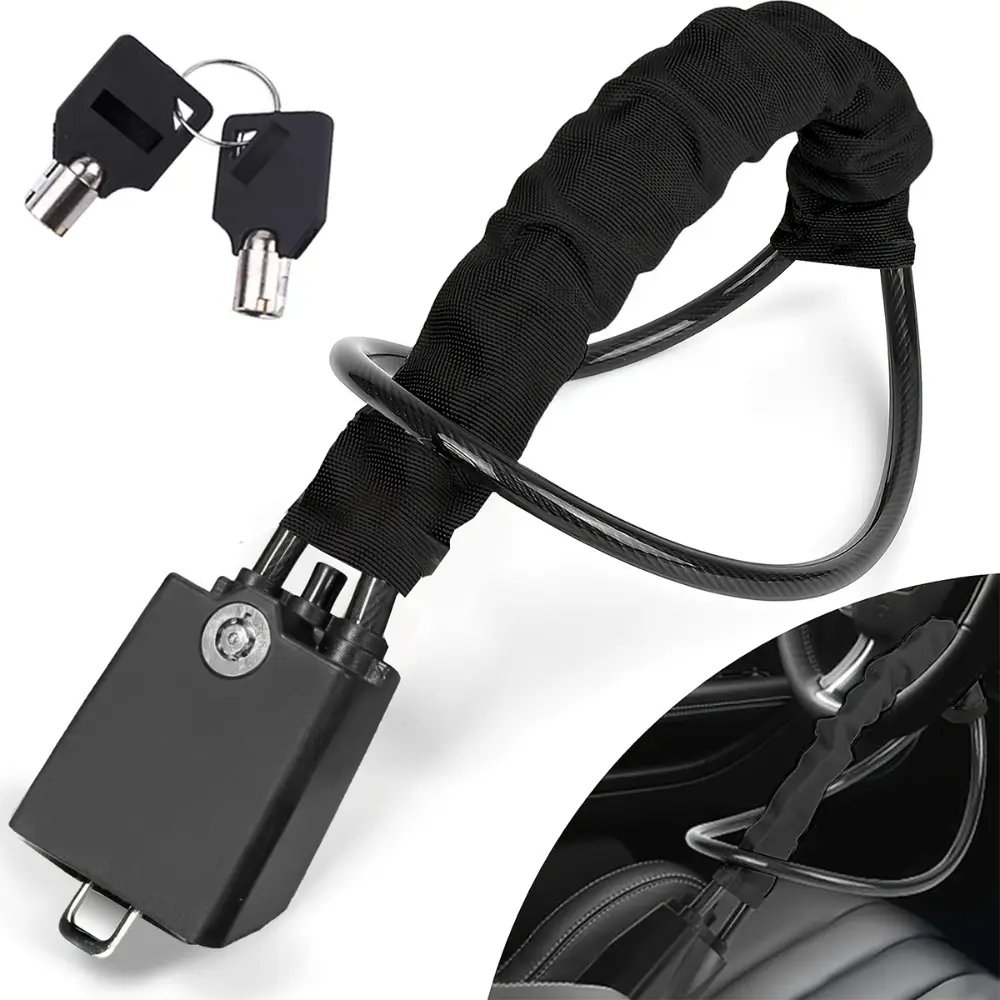 Car Steering Wheel Lock - Thick Braided Steel Cable Anti-Theft Device, Key Operated, Pry Resistant, Durable, No Battery Needed, Easy Operation, Wheel Attachment Steering Locks & Security for Cars/SUVs, Trucks, RVs, 2 Keys Included
