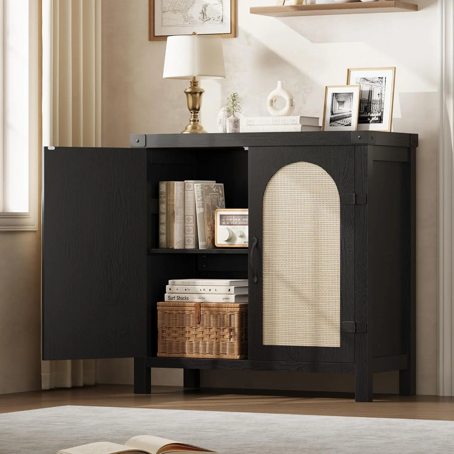 31.5-Inch Black Small Rattan Bohemian-Chic Farmhouse Hutch Bar Cabinet - Accent Sideboard, Scratch-Resistant Black Cabinets Buffet, Doors, Adjustable Shelves, Handles, Assembly Required for Kitchen, Living Room