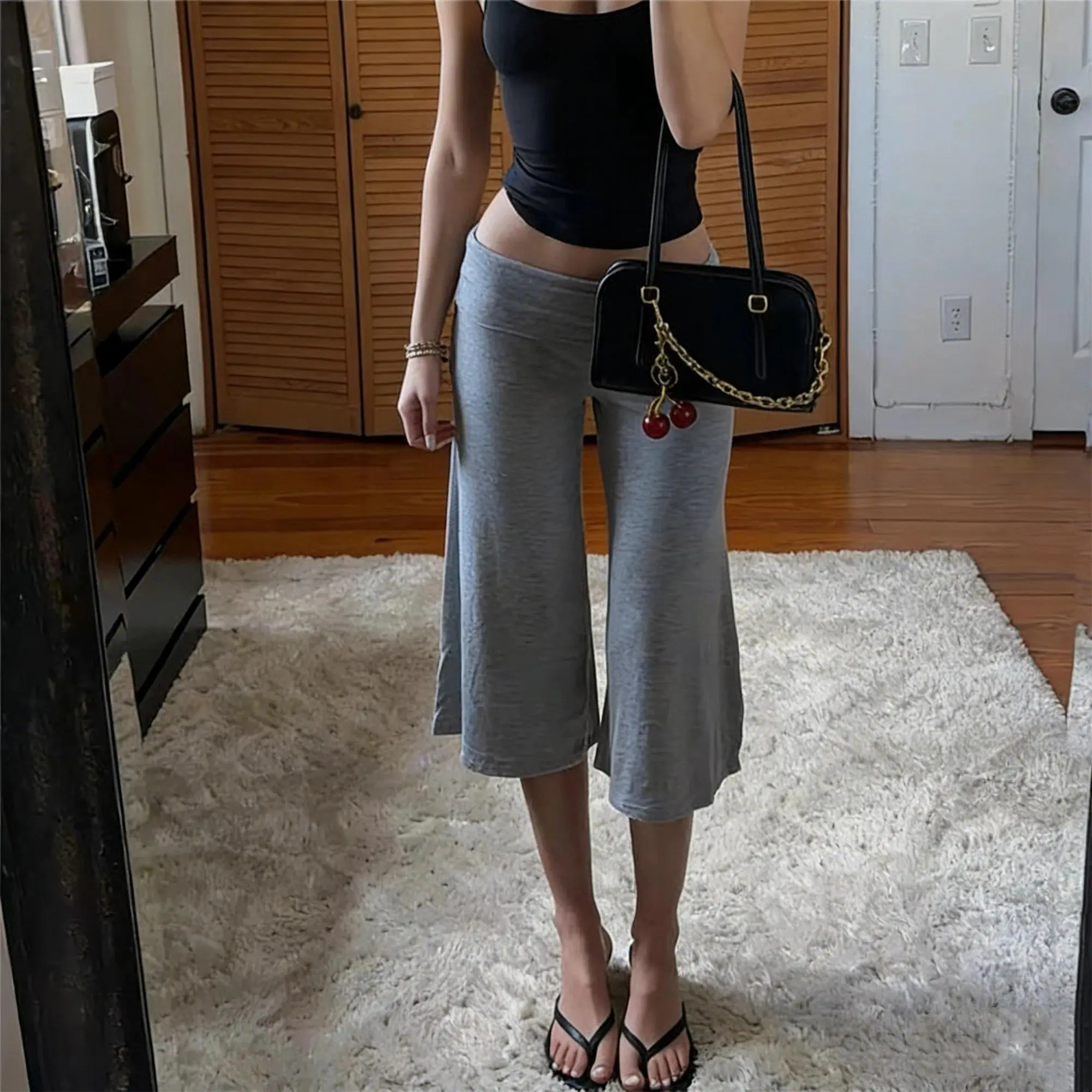 Women Fold Over Waist Gaucho Pants Low Rise Cropped Wide Leg Capri Pants Summer Foldover Culottes Yoga Pants Pajama Bottoms