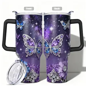 1pc, 40oz/30oz/20oz/14oz Stainless Steel Cup Tumbler Galaxy Butterfly Flower Double Wall Vacuum Insulated Cup, Leakproof Lid & Carry Handle Travel Mug for Outdoor Camping Hiking, Gift for Dad, Mom, Bro