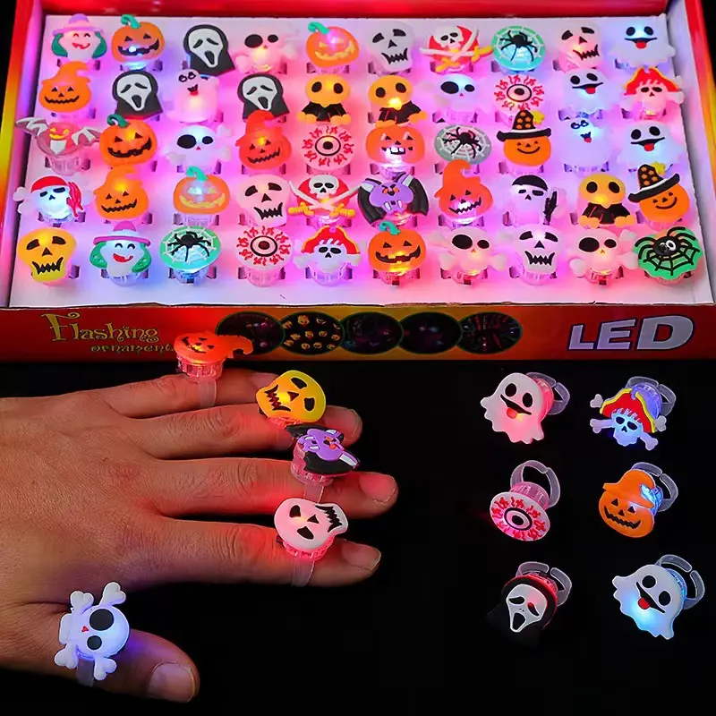 50pcs 3D Halloween Treats Toys Bulk Light Up Rings Gifts Halloween Party Favors for Kids Flashing LED Glow In The Dark Party Supplies Goodie Bag Fillers Stuffers Non Candy Treats Prizes Decorations