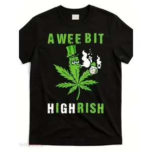 Men'S Funny 420 Weed St. Patrick'S Day T-Shirt - Irish Pot Smoking Graphic Tee with A Wee Bit Highrish Slogan & Irish Flag Design  Breathable Crew Neck, Casual Short Sleeve Shirt for St. Paddy'S Day Parties & Casual Attire - Humorous Gift fo