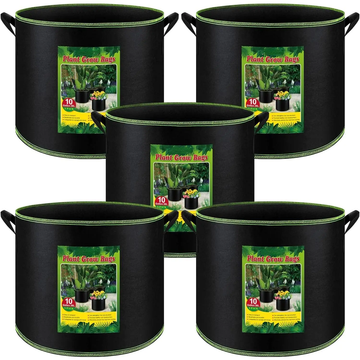 Plant Center 5 Pack 10 Gallon Grow Bags Heavy Duty Aeration Fabric Pots with Handles Thickened Nonwoven for Vegetables Fruits Flowers 16x12.5 Inches