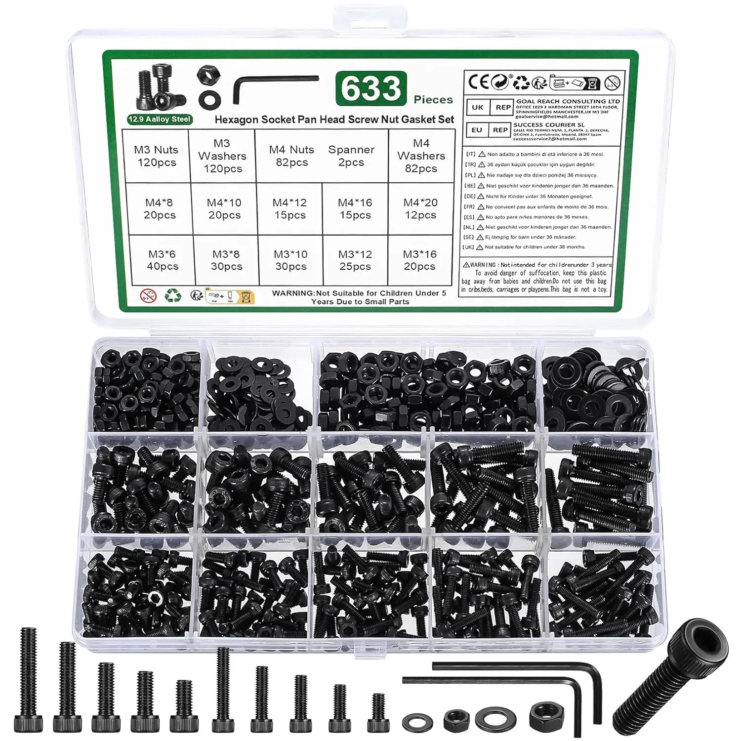633 count M3 M4 Screws Set, Metric Bolt , Hex Socket  Cap  and Nuts and Washers  Kit,  Machine Screws Set(Black)