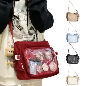 Women Ita Bag Japanese Style Shoulder Purse with Clear Window Cartoon Book Bag Multi-pockets Adjustable Strap Trendy Outdoor Bag