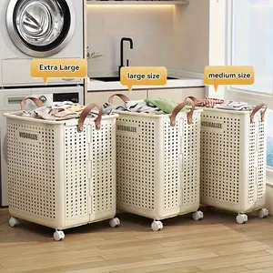 1/2pcs Foldable Laundry Basket Without Cover-Imitation Artificial Leather, Hand Wash, Solid Color, Multifunctional Action Style Laundry Basket With Wheels, Suitable For Bathroom And Balcony Storage, Laundry Basket, Laundry Baskets