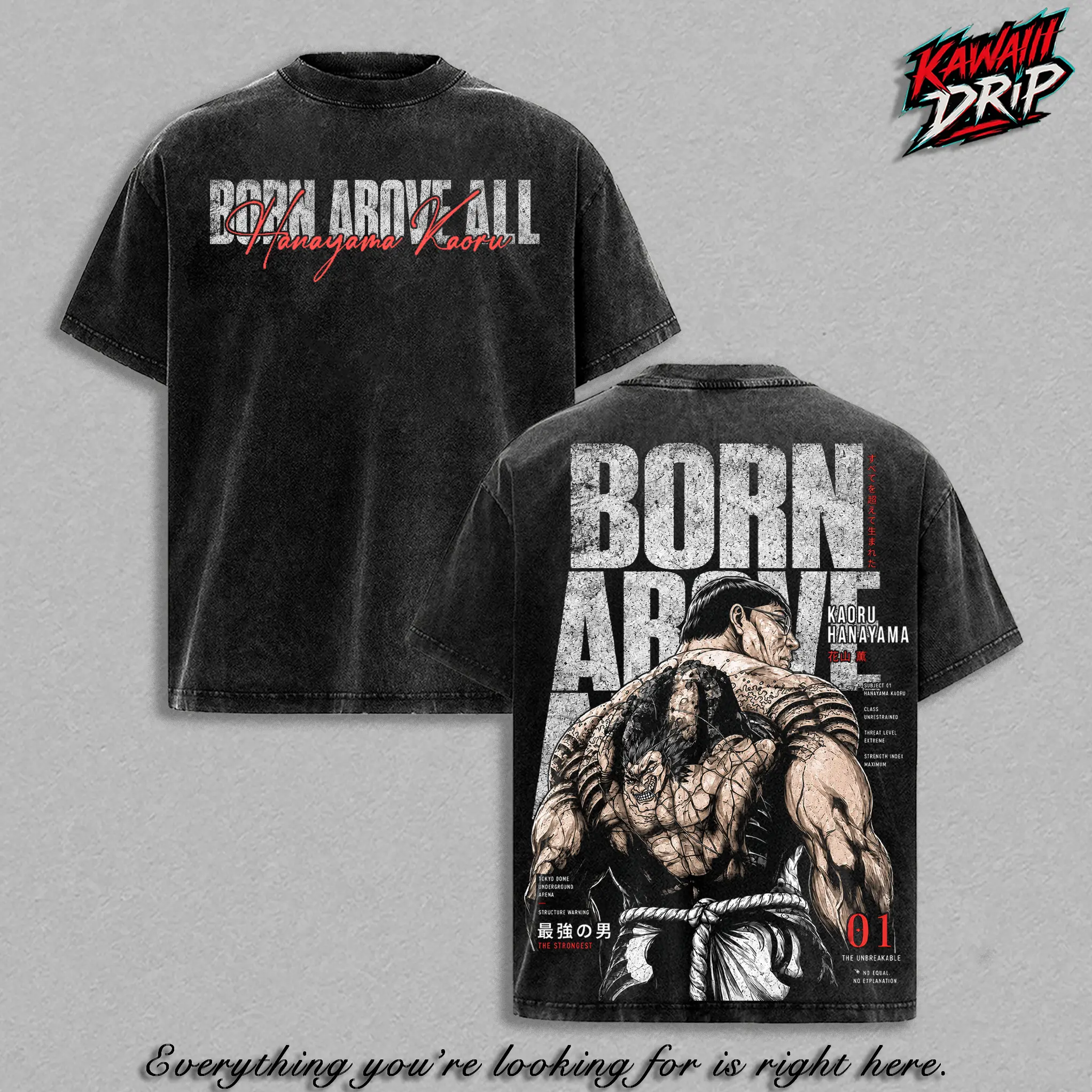 Kaoru Hanayama Vintage T-Shirt – Baki The Grappler Born Above All Graphic Tee, Strongest Yakuza Anime Washed Shirt Double-Sided Manga StreetwearTop Oversized Heavyweight Cotton Vintage Tee Unisex Baki Fan Apparel Clothes Menswear