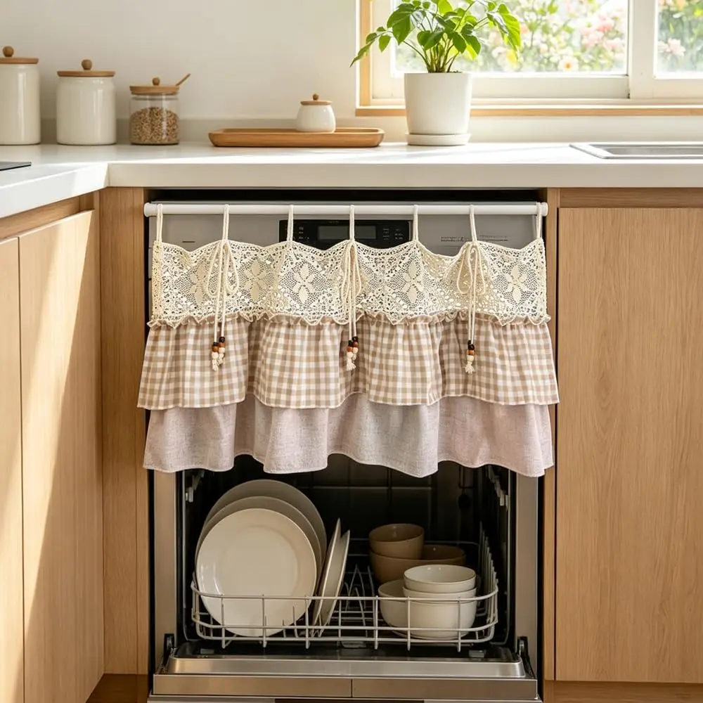 Farmhouse Layered Ruffled Linen Oven Skirt Kitchen Valance Tie Top Design Crochet Lace Tiered Gingham Short Curtain with Wooden Bead Tassel, Cafe Cabinet Sink Dust Cover Curtain for Arched Entry