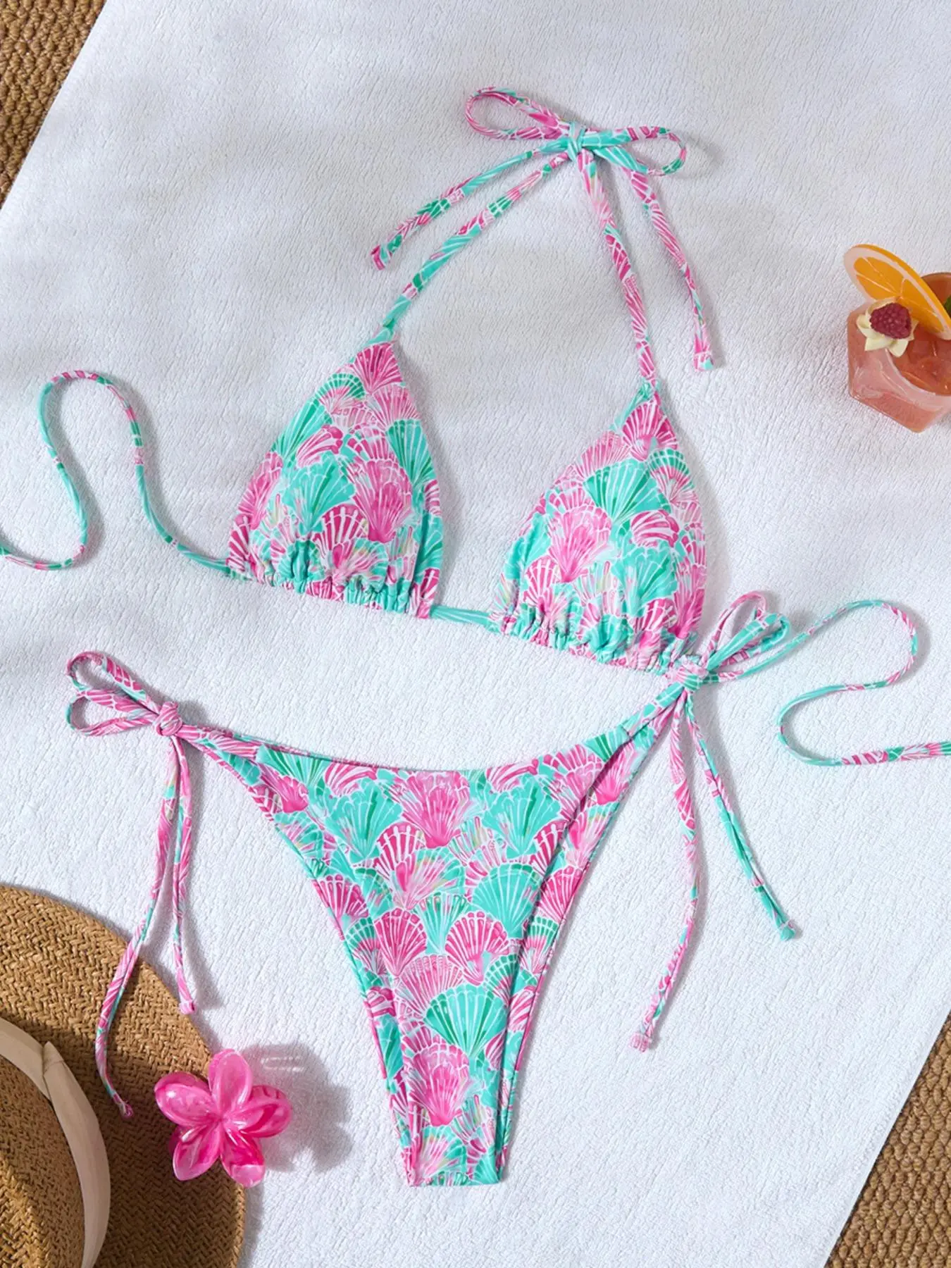 Two-piece Set, Bikini Swimwear Set, Women's Shell Print Bikini Set, Casual Triangle Swim Bra & Tie Side Swim Panty, Bikini Swim Top, Ladies Swimsuit for Beach Holiday Vacation, Tie Back Bikinis, Summer Swimsuit Set