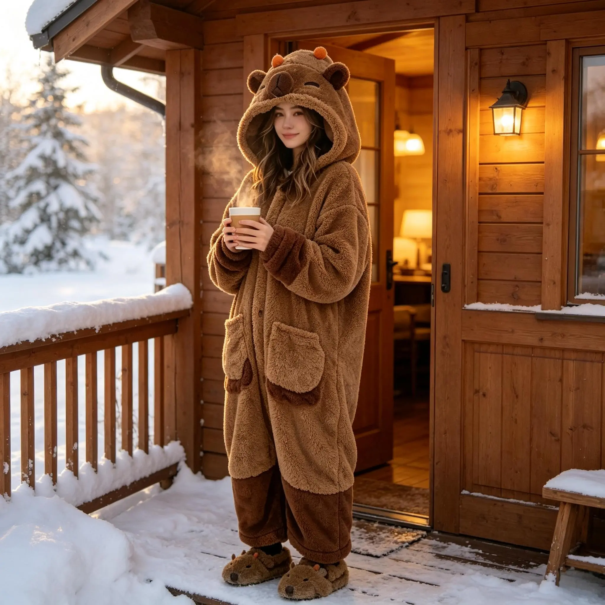 Womens Capybara Fleece Onesie Cute Animal Hooded Pajamas Plush Fluffy One Piece Sleepwear Winter Warm Novelty Cosplay Costume 2026 Trending Cozy Loungewear Funny Relaxed Fit Outfit Adult Wearable Blanket Halloween costumes Gift