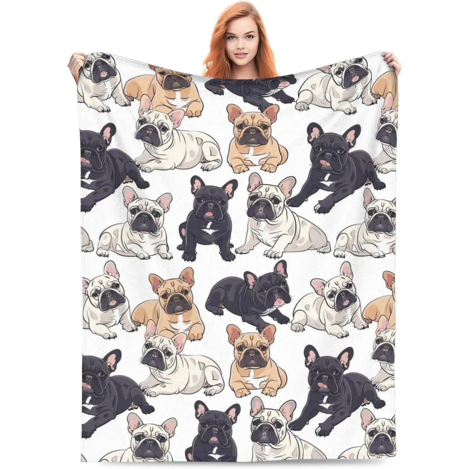 Cute French Bulldog Cartoon Soft Flannel Throw Blanket - Lightweight Animal Character Blanket for Women, Adult Bed Sofa Home Decor, Ideal Kids' Gift, All Seasons Use