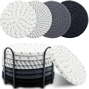 8 Pcs Cotton Woven Drink Coaster Set with Holder, Minimalist 4.3-Inch Absorbent Tableware, Ideal for Coffee Tables and Home Decor Tabletop Cup Protection