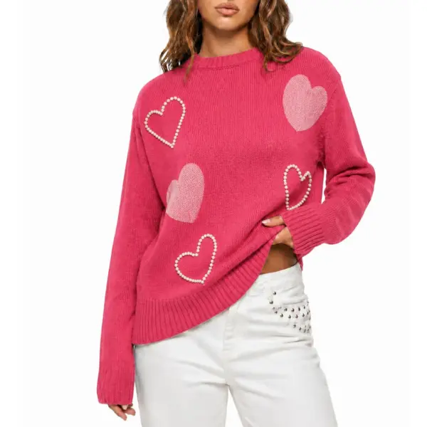 MG Women’s Heart Sequin Sweater, Pearl Studded Detail, Long Sleeve Knit Pullover