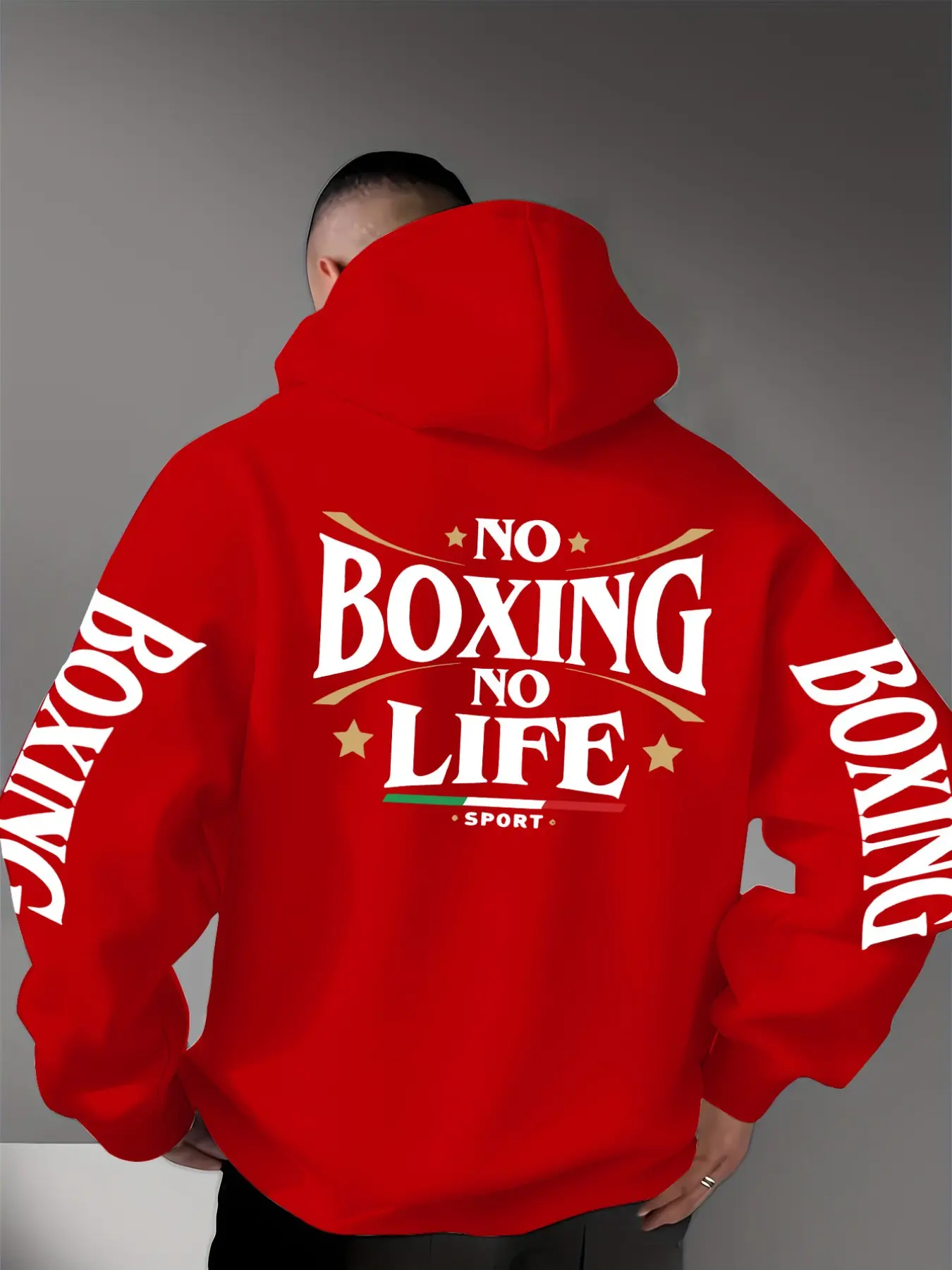 Men's Trendy Print Hoodie, No Boxing No Life Design, Loose Fit Casual Sweatshirt, Front Pocket, Fall Winter Wear