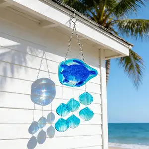 Blue Sea Turtle Wind Chime For Outdoor Decor-Coastal Vibe Home Decor with 1 Large Turtle and 6 Lucky Small Shells windchimes for Outdoors and Indoor Garden Yard Patio Hanging Wind Chime