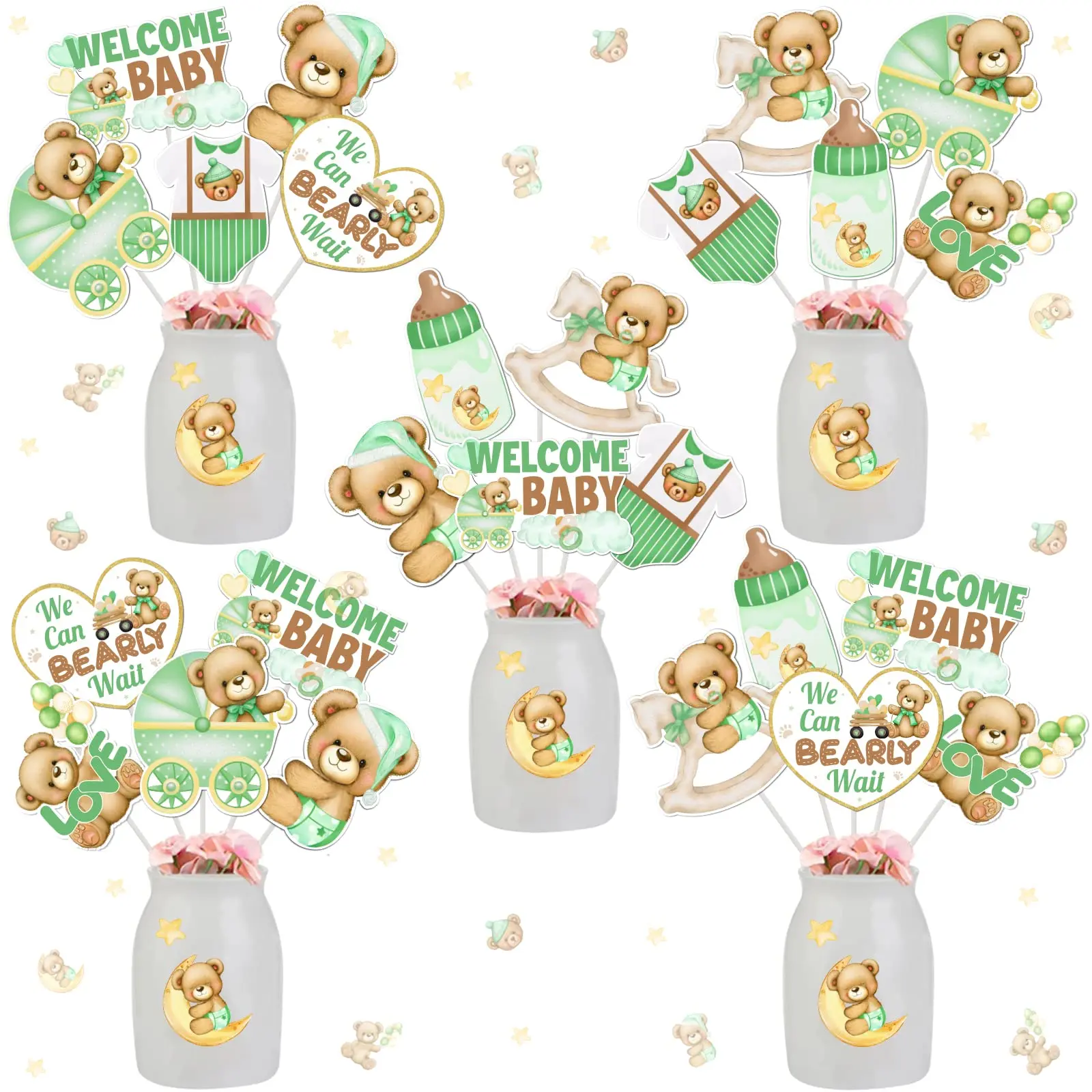 24 PCS Bear Baby Shower Centerpiece Sticks, Sage Green Ornaments, Double-Sided Printing Table Toppers, We Can Bearly Wait Pregnancy Celebration Newborn Party Decorations
