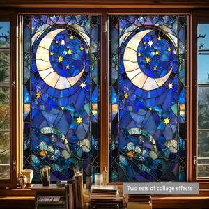 A large-sized star and moon night sky window sticker, space theme design, double-sided visible static glass sticker, suitable for bedroom, living room, bathroom window decoration, home decor, decoration items, model D20311