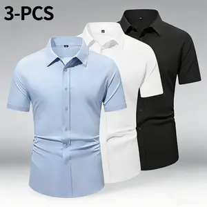 Men’s Premium Solid Color Short-Sleeve Shirt Set (3 Pieces): Comfortable, soft fabric; quick-drying, breathable, moisture-wicking; suitable for everyday wear, beach trips, parties, workouts, light business, and outdoor sports.