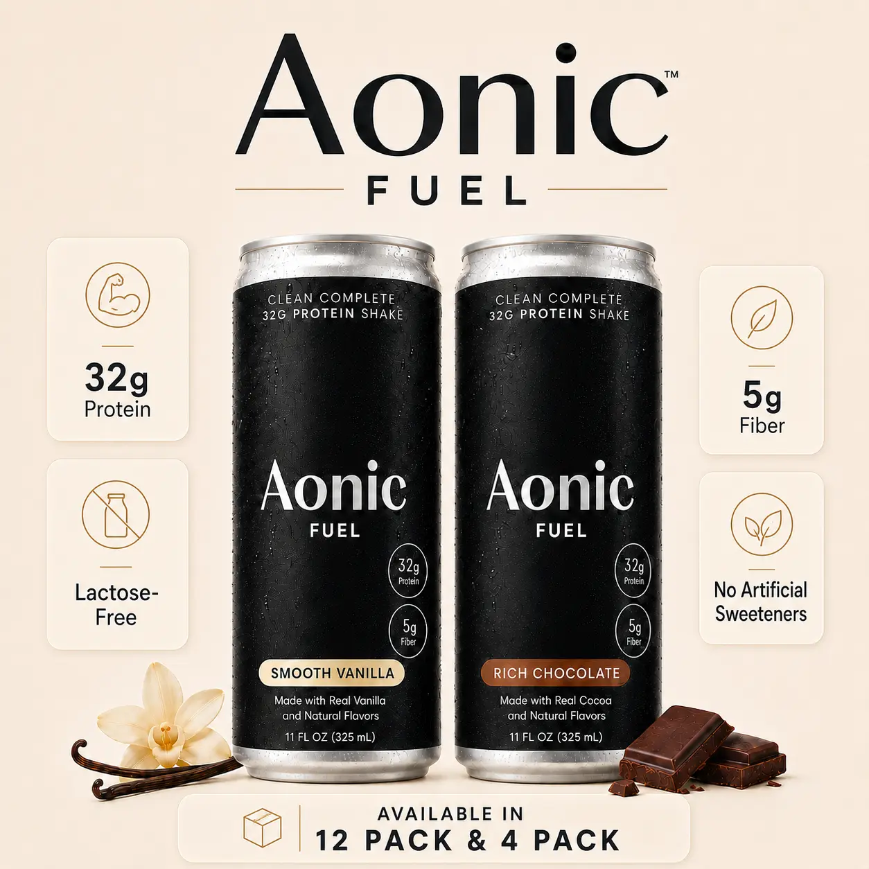 Aonic Fuel High Protein Shake Beverage - 32g Protein, 5g Fiber, Lactose-Free, Non-GMO, Rich Chocolate Cocoa, 11 fl oz, Ambient, Natural Energy for Post Workout & Morning Nutrition