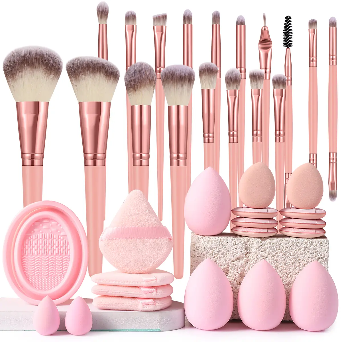 37-Piece Makeup Brush Set - 18PCS Brushes, 6PCS Sponges, 4PCS Triangle Powder Puffs, 8PCS Mini Cushion Powder Puffs, 1PC Cleaning Tool, Beginner-Friendly, Travel-Ready Cosmetic Gift Set for Women